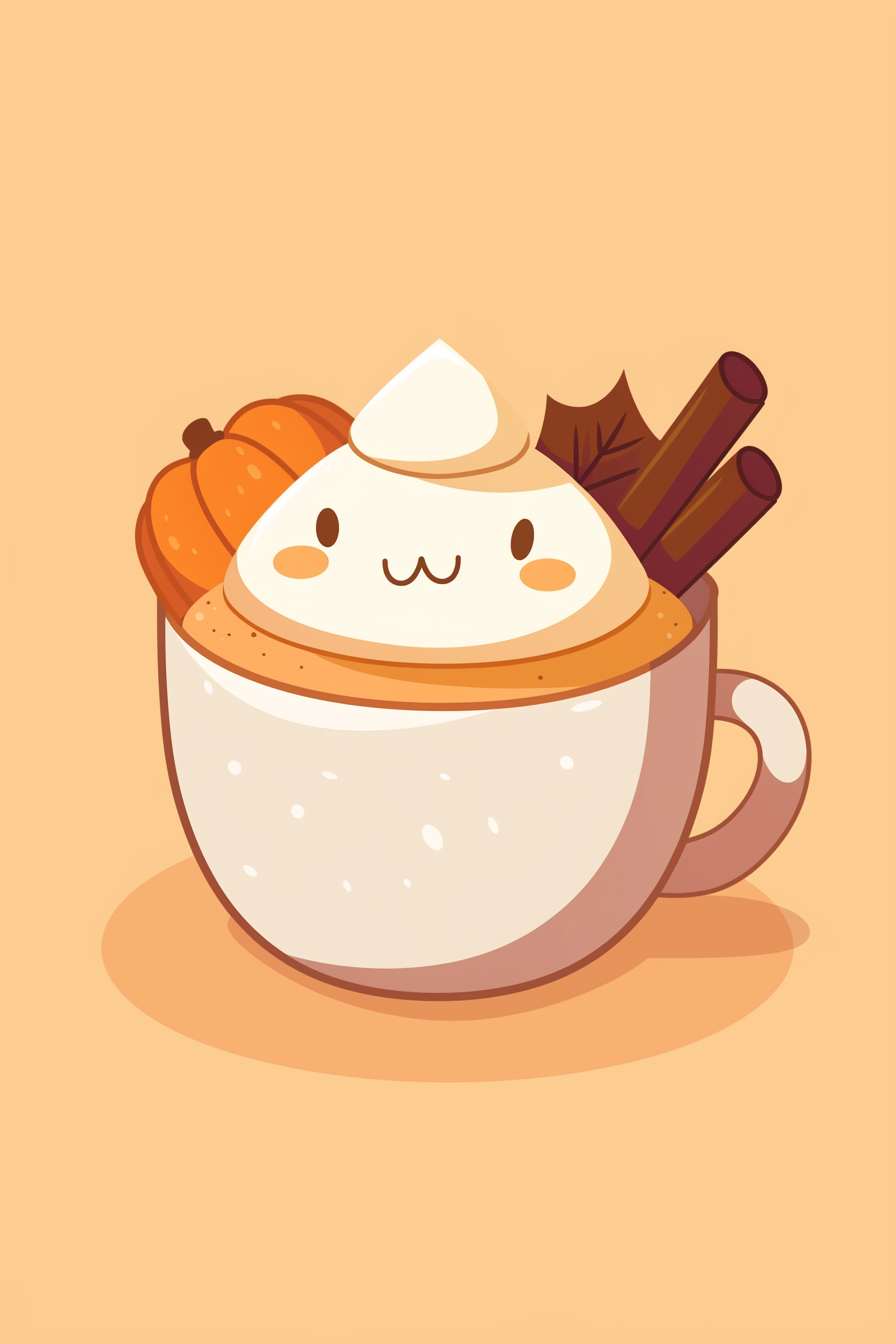 thanksgiving food drawing ideas featuring a cute pumpkin spice latte with whipped cream, smiling face, cinnamon sticks, and a pumpkin in a cozy mug.